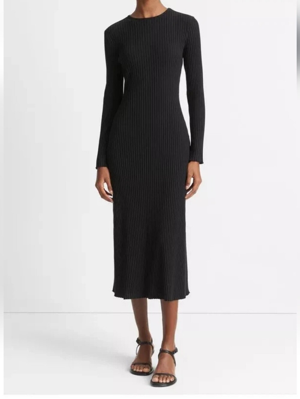Vince Ribbed Crewneck Long Sleeve Midi Dress